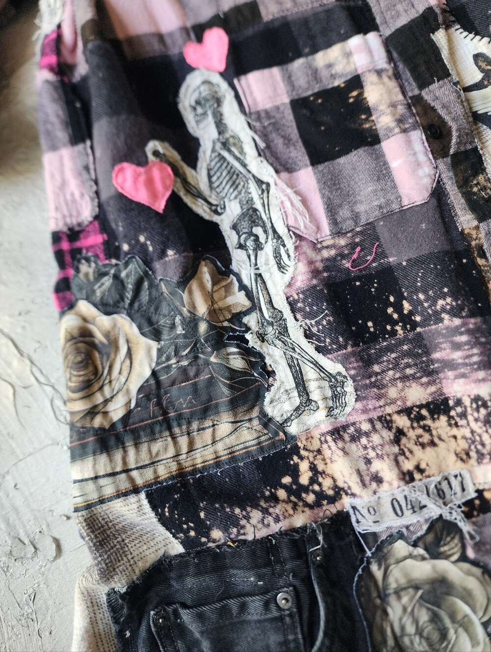 Designer Upcycled Kimono Duster Buttondown Flannel Top Artisan Cottage Appliqué - Picture 13 of 16
